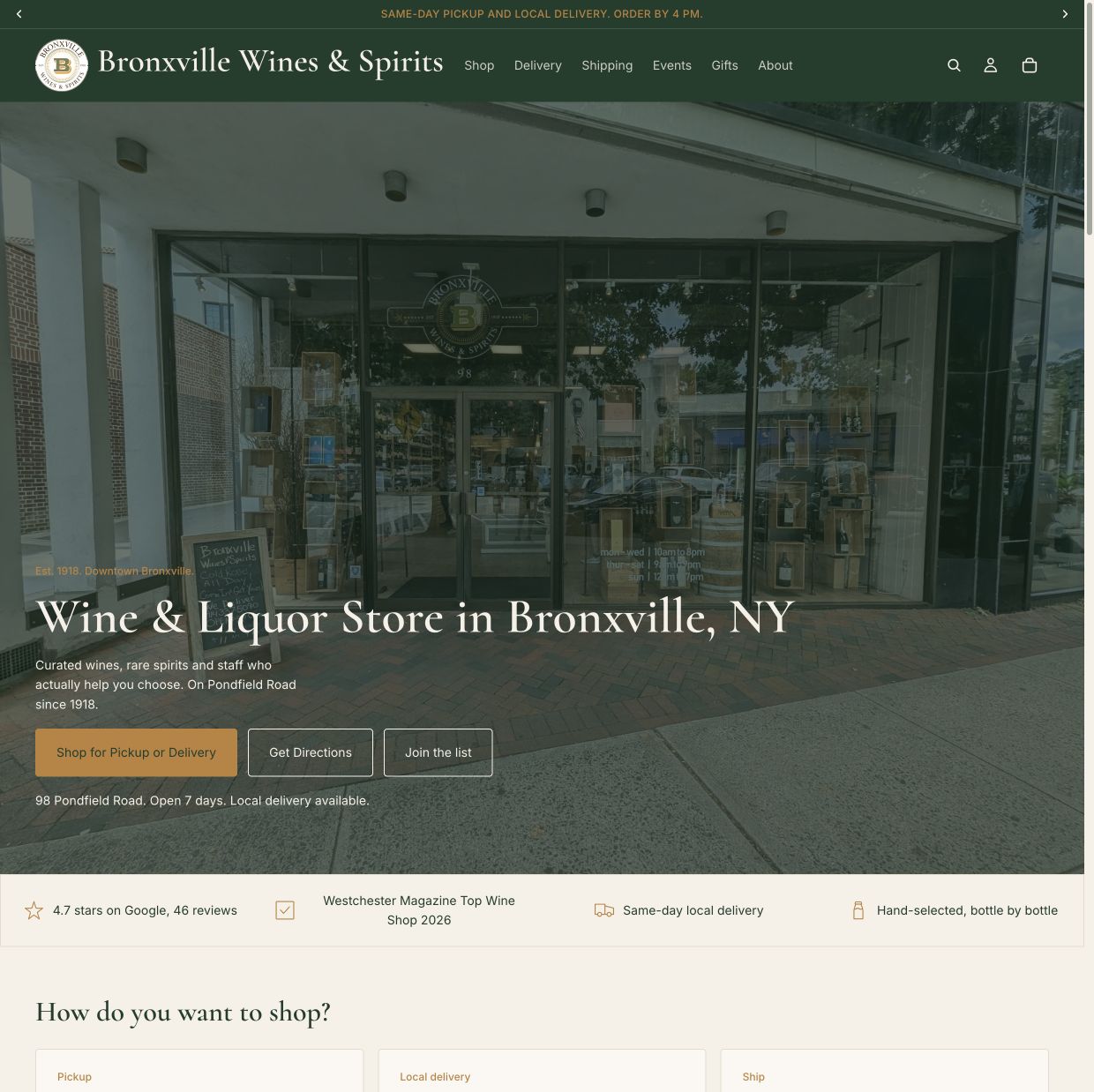 Bronxville Wines & Spirits online store homepage with storefront hero and pickup and delivery shopping options